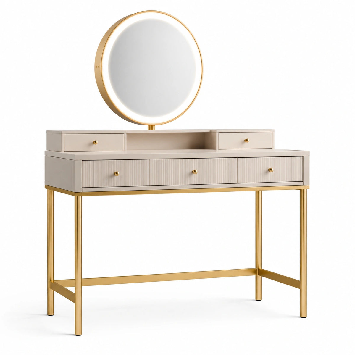 Tocador de madera y acero con espejo LED redondo beige y dorado