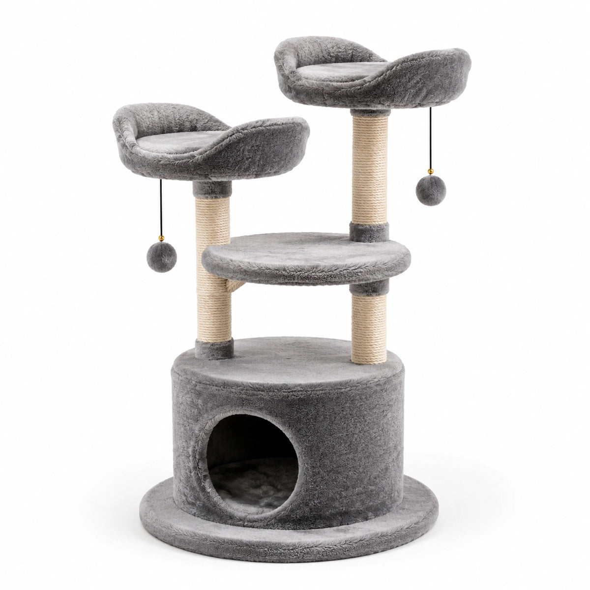 Árbol rascador para gatos con plataformas de tela de felpa y postes de cuerda de sisal gris