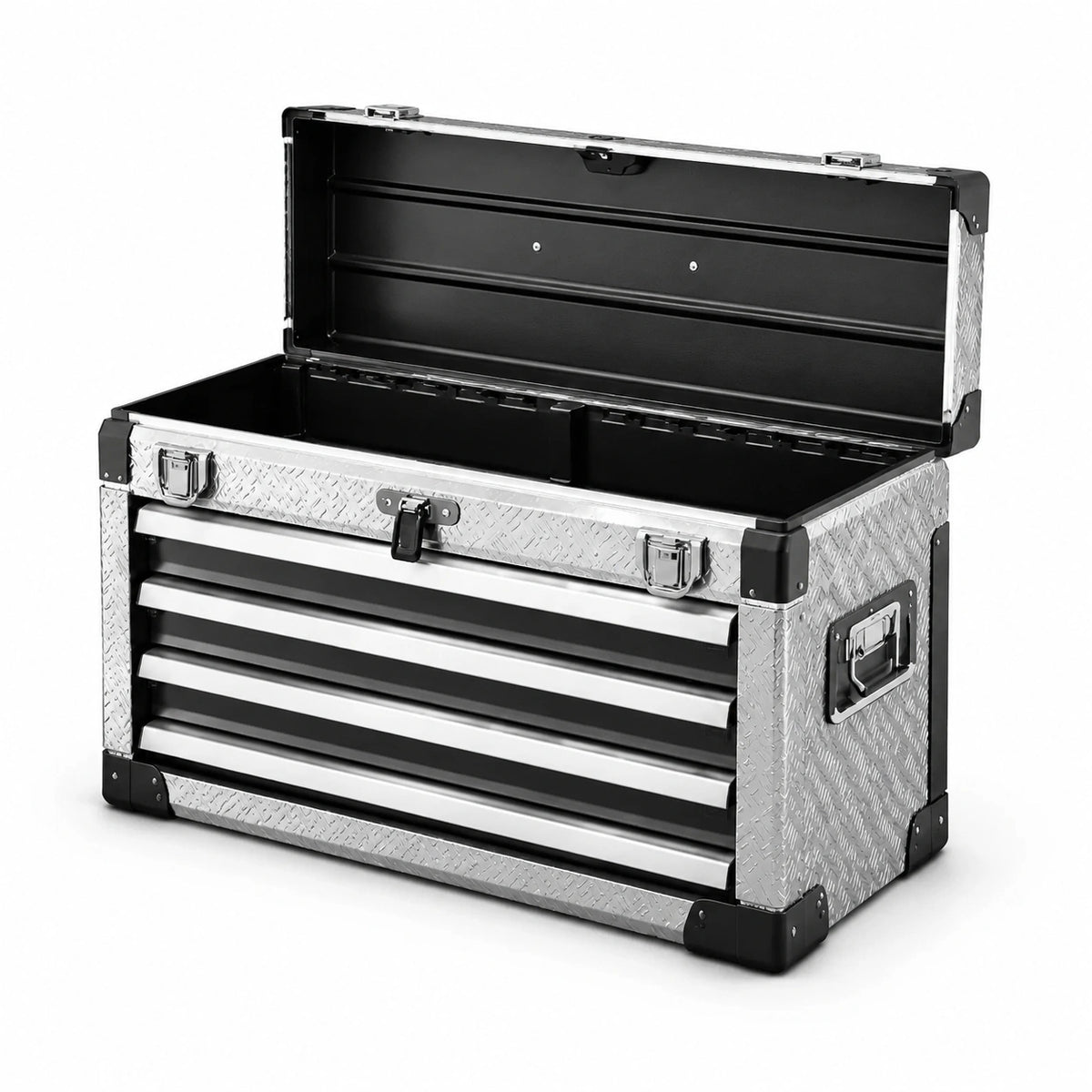 Caja de herramientas de aluminio y acero inoxidable con 4 cajones plata y negro