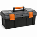 Caja de herramientas de plástico negro y naranja con bandejas transparentes