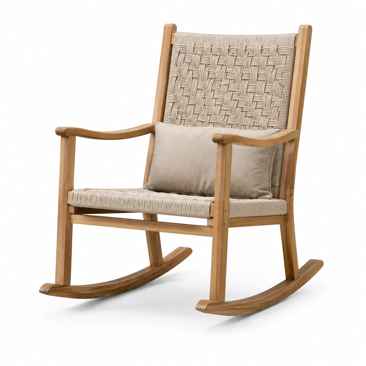 Mecedora de teca y poliéster beige con cojín 85x65x110 cm