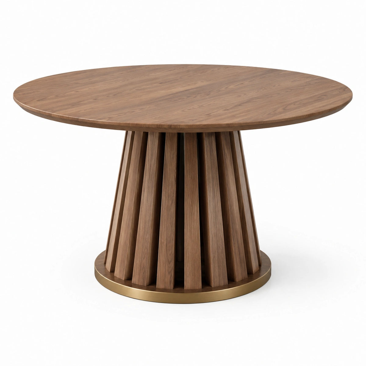 Mesa redonda de madera de nogal y metal dorado